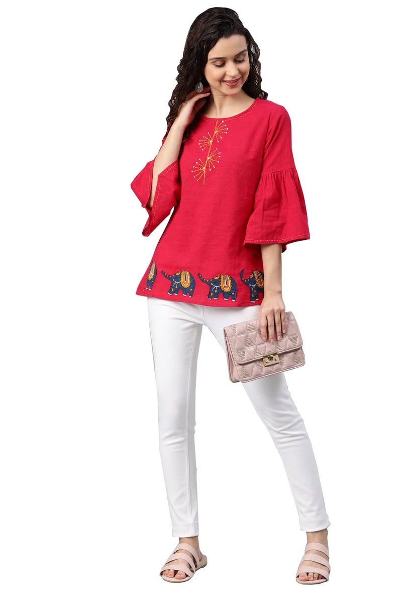 Yash Gallery Women's Elephant Print Cotton Bell Sleeve Summer Tops (Pink, XL) - Image 2